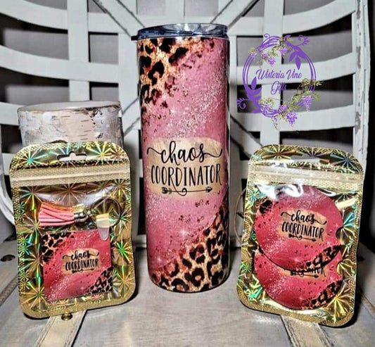20oz Chaos Cordinator Stainless Steel Double Walled Tumbler (set 2 ceramic coasters & leather keychain)