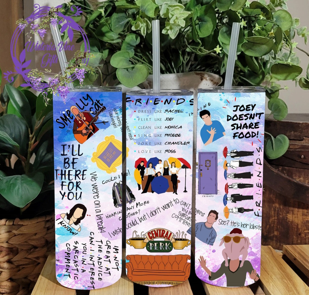 20oz FRIENDS Collage Stainless Steel Double Walled Tumbler (w/clear plastic straw)