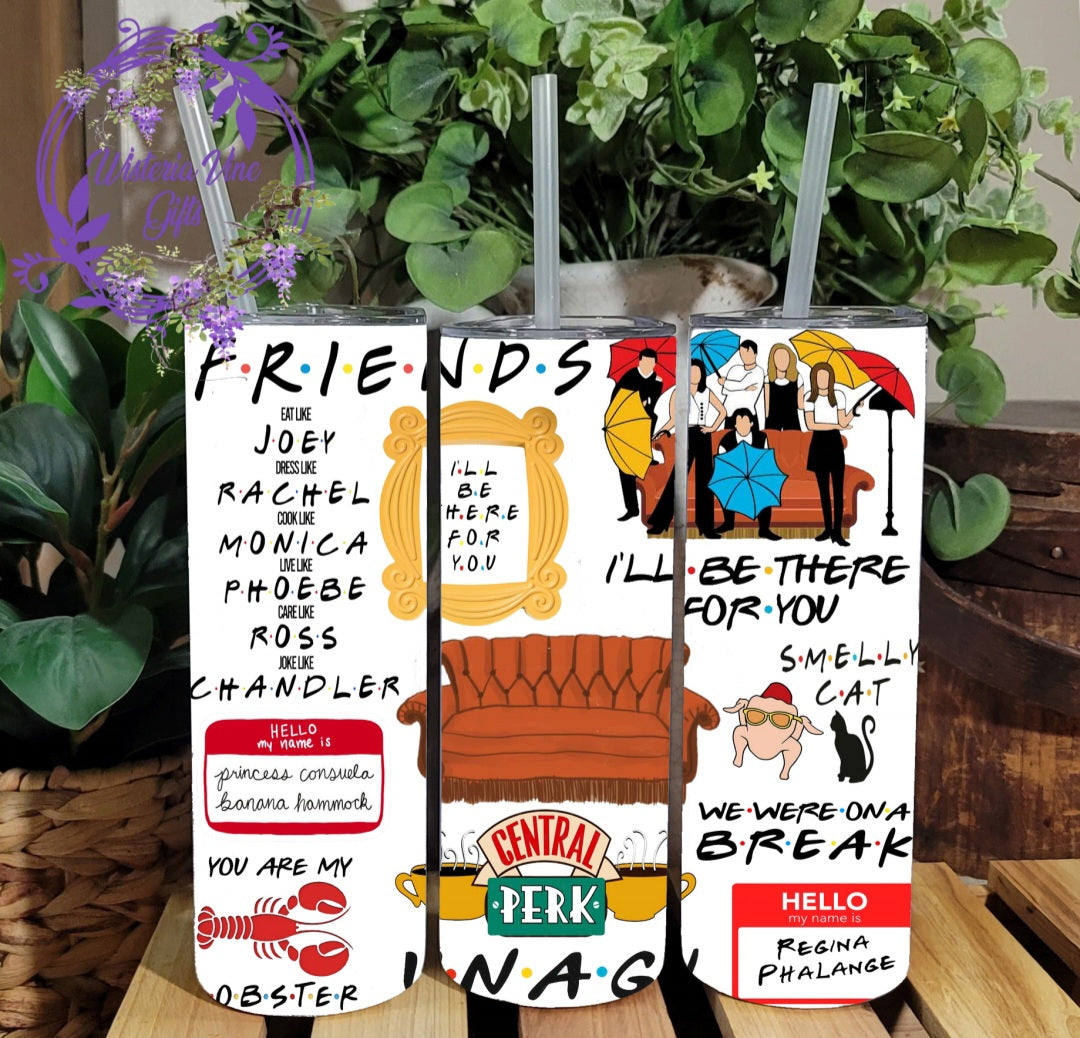 20oz FRIENDS Collage Stainless Steel Double Walled Tumbler (w/clear plastic straw)